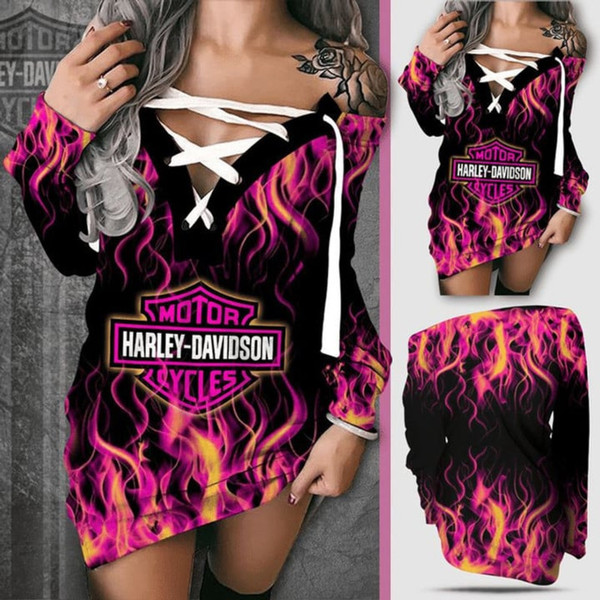 HARLEY-DAVIDSON-MOTORCYCLE-LADIES-BLACK-LACE-UP-DRESS/IN-OFFICIAL-CLASSIC-HARLEY-BLACK & NEON-COLORED-FLAMES/OFFICIAL BIG HARLEY DAVIDSON-3D-LOGOS DESIGN..