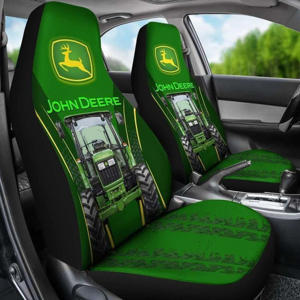 OFFICIAL-JOHN-DEERE-CLASSIC-LOGOS-CAR SEAT-COVERS/BIG-GRAPHIC-3D-PRINTED-JOHN-DEERE-TRACTOR-BLACK & GREEN-CUSTOM-DESIGN-DOUBLE-CAR-SEATS!!