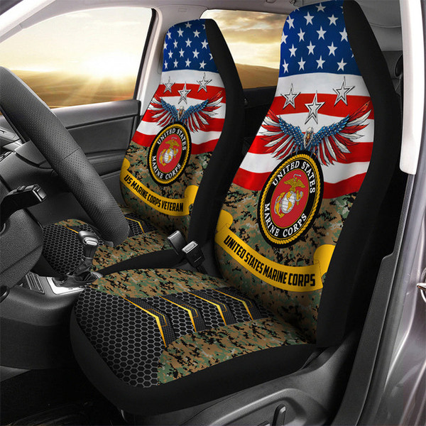 U.S.MARINES VETERAN PATRIOTIC FLAG PREMIUM JUNGLE CAMO.CAR SEAT COVERS/Set of 2 universal fit, United States Big Bald "Eagle with symbol" veterans car seat covers