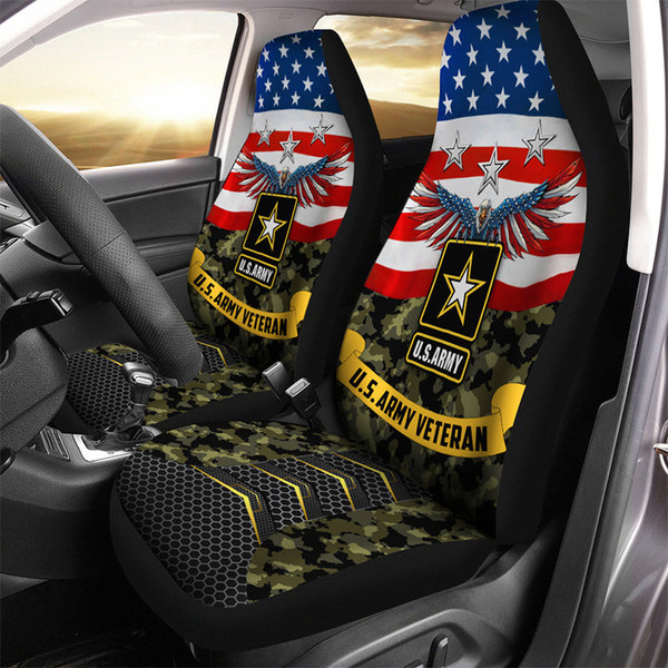 U.S.ARMY VETERANS PATRIOTIC FLAG PREMIUM JUNGLE CAMO.CAR SEAT COVERS/Set of 2 universal fit, United States Big Bald "Eagle with symbol" army veterans car seat covers