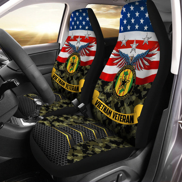 U.S.VIETNAM VETERANS PATRIOTIC FLAG PREMIUM JUNGLE CAMO.CAR SEAT COVERS/Set of 2 universal fit, United States Big Bald "Big Winged Eagle With Symbol" Vietnam Military Veterans Car Seat Covers