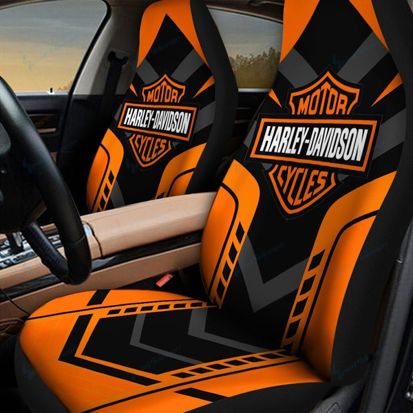 OFFICIAL-HARLEY-DAVIDSON-CLASSIC-LOGOS-CAR-SEAT-PREMIUM-COVERS/BIG-GRAPHIC-3D-PRINTED-CUSTOM-HARLEY-DAVIDSON-BLACK & ORANGE-DESIGN-DOUBLE-CAR-SEATS!!