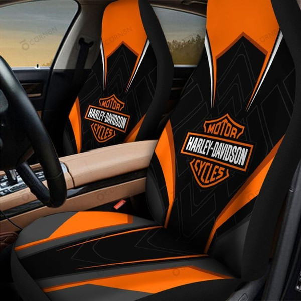 OFFICIAL-HARLEY-DAVIDSON-CLASSIC-LOGOS-CAR-SEAT-PREMIUM-COVERS/BIG-GRAPHIC-3D-PRINTED-CUSTOM-CLASSIC-HARLEY-DAVIDSON-BLACK & ORANGE-DESIGN-DOUBLE-CAR-SEATS!!