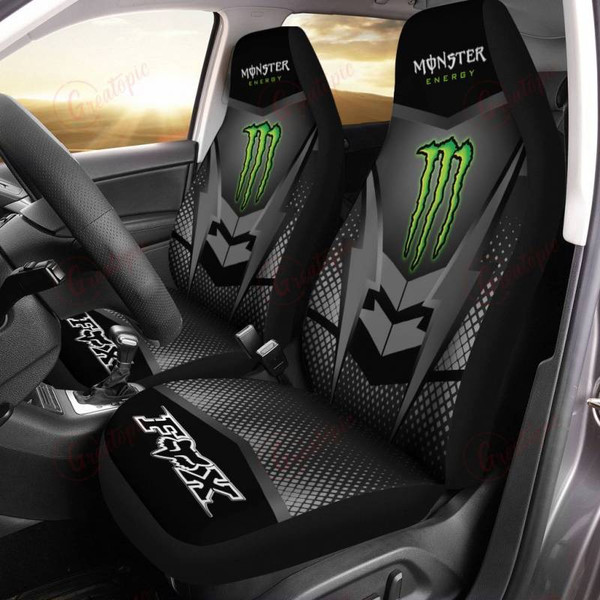 OFFICIAL-MONSTER-ENERGY & FOX-RACING-CLASSIC-LOGOS-PREMIUM-CAR-SEAT-COVERS/BIG-GRAPHIC-3D-PRINTED-CUSTOM-MONSTER-ENERGY-OFFICIAL-LOGOS-BLACK & NEON-GREEN-COLOR-DESIGN-DOUBLE-CAR