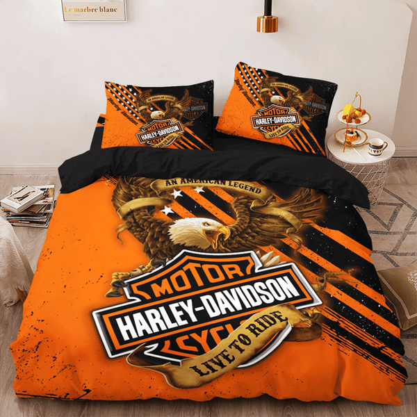 OFFICIAL HARLEY DAVIDSON CLASSIC LOGOS & BIG HARLEY DAVIDSON EAGLE 3PC.CUSTOM BED SETS/BIG-CUSTOM-GRAPHIC-3D-PRINTED-CLASSIC-HARLEY-DAVIDSON-BLACK & ORANGE-3PC.BEDDING SET HD DESIGN!