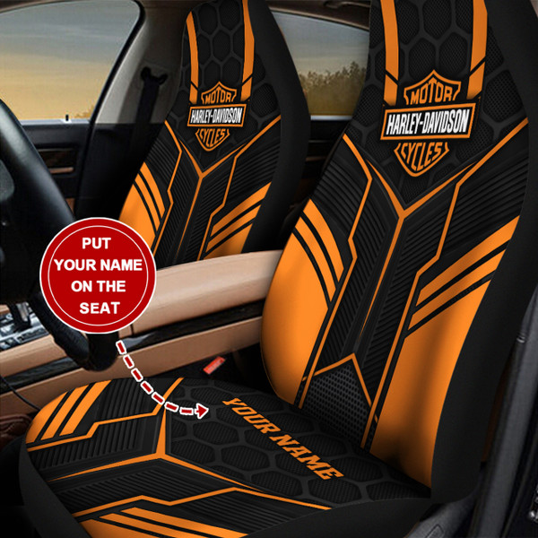 OFFICIAL-HARLEY-DAVIDSON-CLASSIC-LOGOS-CAR-SEAT-PREMIUM-COVERS/ADD-YOUR-PERSONALIZED-CUSTOM-NAME-OR-TEXT-TO-BOTH-CAR-SEAT-COVERS/BIG-GRAPHIC-3D-PRINTED-CUSTOM-HARLEY-DAVIDSON-BLACK & NEON-ORANGE-DESIGN-DOUBLE-CAR-SEATS!!