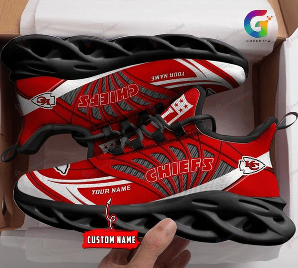 OFFICIAL-NFL.KANSAS-CITY-CHIEFS-TEAM-SPORT-RUNNING-SHOES/ADD YOUR OWN PERSONALIZED NAME OR SPECIAL CUSTOM TEXT ON BOTH SNEAKERS/CUSTOM-3D-CHIEFS-TEAM-BLACK-SOLES-DESIGN!