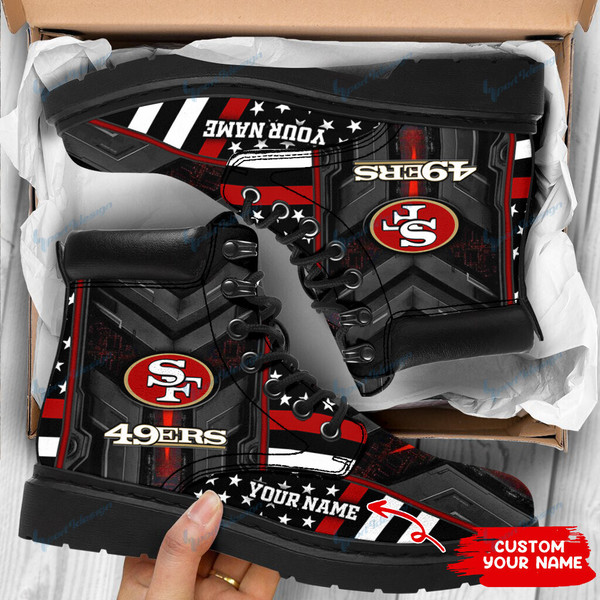 OFFICIAL-NFL.SAN FRANSCICO 49ERS TEAM SPORT RUGGED BOOTS/CAN-ADD-YOUR-OWN-PERSONALIZED-CUSTOM-NAME-OR-SPECIAL-TEXT-TO EACH-BOOT/ALL-NEW-CUSTOMIZED-GRAPHIC-3D-PRINTED-49ERS-TEAM-RUGGED-BLACK-OUTER-SOLE-STYLE-BOOT-DESIGN!!