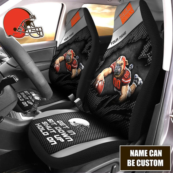 NFL.CLEVELAND BROWNS-TEAM-CLASSIC-LOGOS-CAR-SEAT-PREMIUM-COVERS/ADD-YOUR-OWN-CUSTOM-PERSONALIZED-NAME-OR-SPECIAL-CUSTOM-TEXT-ON BOTH-SEAT-COVERS/BIG-CUSTOM-GRAPHIC-3D-PRINTED-NFL.BROWNS-TEAM-DESIGN-DOUBLE-CAR-SEAT-COVERS!!