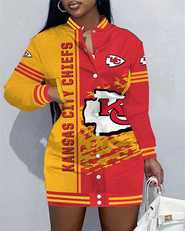 **(NFL.Kansas City Chiefs Team Limited-Edition Trendy Casual Game-Day Custom Mid-Length Over The Hip Chiefs Team Short Premium Button Down Jacket Dress/With Two Upper Side Pockets)**