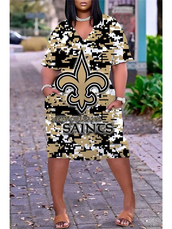 **(Official-NFL.New-Orleans-Saints-Team Limited Edition Trendy V-Neck Casual Womens Knee Length Game/Day Sporty Pocket Dress)**