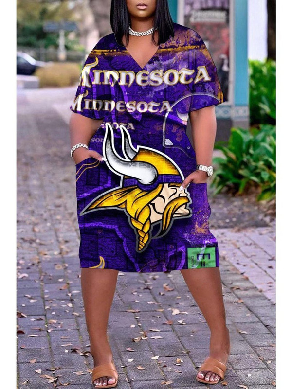 **(Official NFL.Minnesota-Vikings-Team Limited Edition Trendy V-Neck Casual Womens Knee Length Vikings Team Game/Day Sport Pocket Dress)**