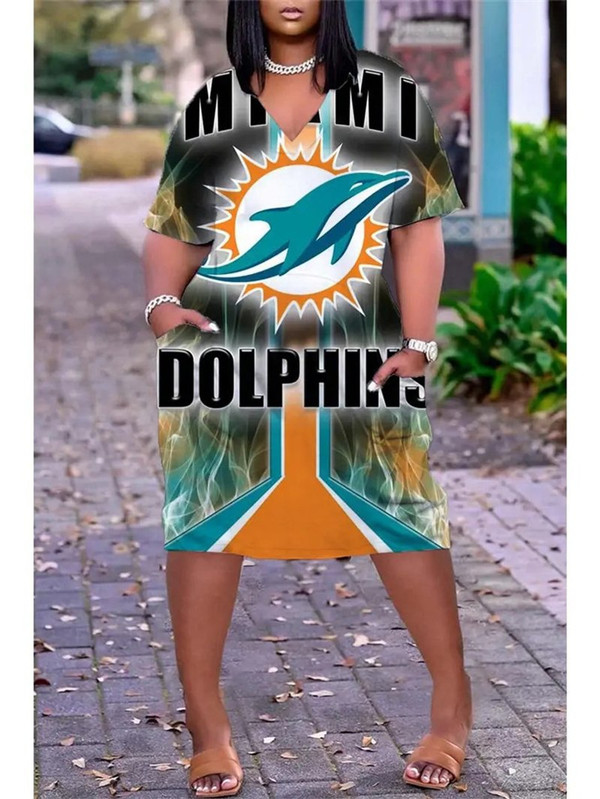 **(Official-NFL.Miami-Dolphins-Team Limited Edition Trendy V-Neck Casual Womens Knee Length Game-Day-Team Pocket Dress)**