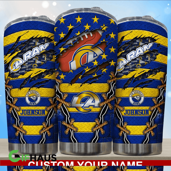 NFL.LOS-ANGELES-RAMS-TEAM-LOGOS-PREMIUM-DRINKING-CUP-TUMBLERS/ADD-YOUR-OWN-CUSTOM-PERSONALIZED-NAME-OR-SPECIAL-CUSTOM-TEXT-ON-TUMBLER/GRAPHIC-3D-PRINTED-NFL.RAMS-TEAM-DESIGN-BIG 20 OZ.STAINLESS STEEL DRINKING TUMBLERS WITH STRAW & SEALED TOP..