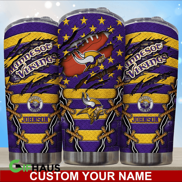 NFL.MINNESOTA-VIKINGS-TEAM-LOGOS-PREMIUM-DRINKING-CUP-TUMBLERS/ADD-YOUR-OWN-CUSTOM-PERSONALIZED-NAME-OR-SPECIAL-CUSTOM-TEXT-ON-TUMBLER/GRAPHIC-3D-PRINTED-NFL.VIKINGS-TEAM-DESIGN-BIG 20 OZ.STAINLESS STEEL DRINKING TUMBLERS WITH STRAW & SEALED TOP..