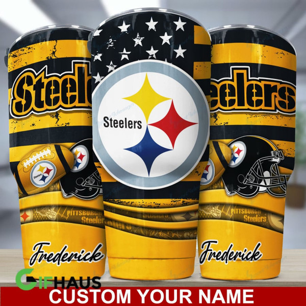 NFL.PITTSBURGH-STEELERS-TEAM-LOGOS-PREMIUM-DRINKING-CUP-TUMBLERS/ADD-YOUR-OWN-CUSTOM-PERSONALIZED-NAME-OR-SPECIAL-CUSTOM-TEXT-ON-TUMBLER/GRAPHIC-3D-PRINTED-NFL.STEELERS-TEAM-DESIGN 20 OZ.STAINLESS STEEL DRINKING TUMBLERS WITH STRAW & SEALED TOP..
