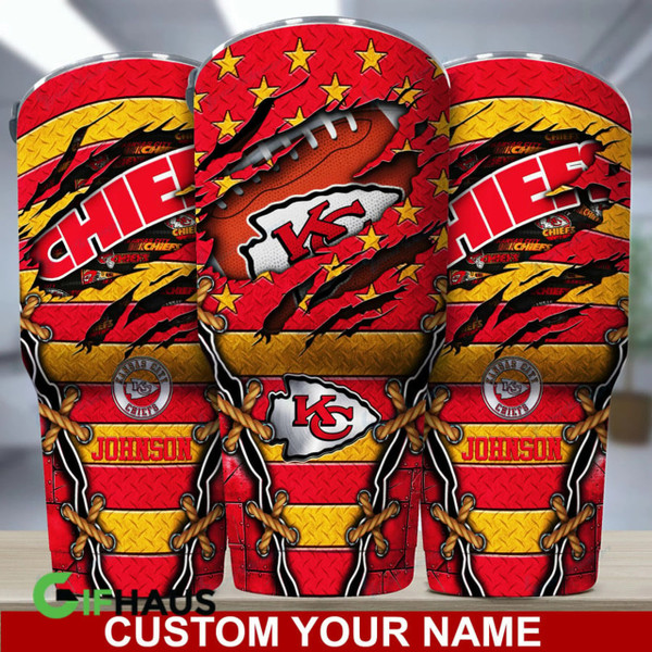 NFL.KANSAS-CITY-CHIEFS-TEAM-LOGOS-PREMIUM-DRINKING-TUMBLERS/ADD-YOUR-OWN-CUSTOM-PERSONALIZED-NAME-OR-SPECIAL-CUSTOM-TEXT-ON-TUMBLER/CUSTOM-GRAPHIC-3D-PRINTED-NFL.CHIEFS-TEAM-DESIGN 20 OUNCE STAINLESS STEEL DRINKING TUMBLERS WITH STRAW & SEALED TOP..