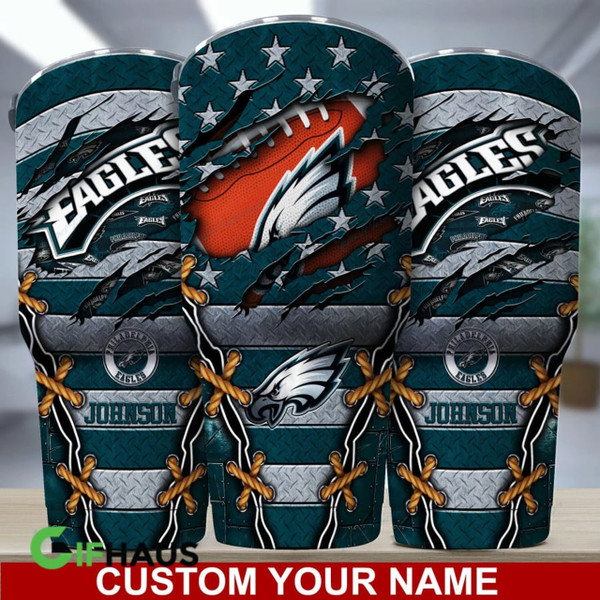 NFL.PHILADELPHIA EAGLES-TEAM-LOGOS-PREMIUM-DRINKING-TUMBLERS/ADD-YOUR-OWN-CUSTOM-PERSONALIZED-NAME-OR-SPECIAL-CUSTOM-TEXT-ON-TUMBLER/CUSTOM-GRAPHIC-3D-PRINTED-NFL.EAGLES-TEAM-DESIGN 20 OUNCE STAINLESS STEEL DRINKING TUMBLERS WITH STRAW & SEALED TOP..