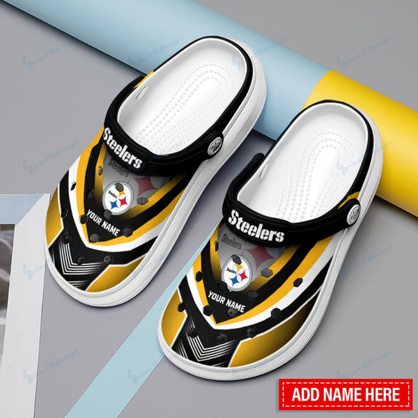 OFFICIAL-NFL.PITTSBURGH-STEELERS-TEAM-SPORT-SUMMER-CLOGS/ADD YOUR OWN PERSONALIZED NAME OR SPECIAL CUSTOM TEXT ON BOTH SHOE CLOGS/OFFICIAL-CUSTOM-3D-PRINTED-STEELERS-TEAM-LOGOS-DESIGN!!