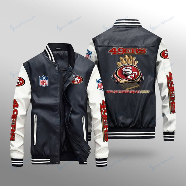 NFL.SAN FRANCISCO 49ERS TEAM PREMIUM VARSITY LEATHER SPORT JACKETS/NICE-CUSTOM GRAPHIC-3D-PRINTED SAN FRANCISCO 49ERS TEAM LOGOS ALL OVER DESIGN/ALL IN TWO TONE OFFICIAL 49ERS TEAM COLORS!!