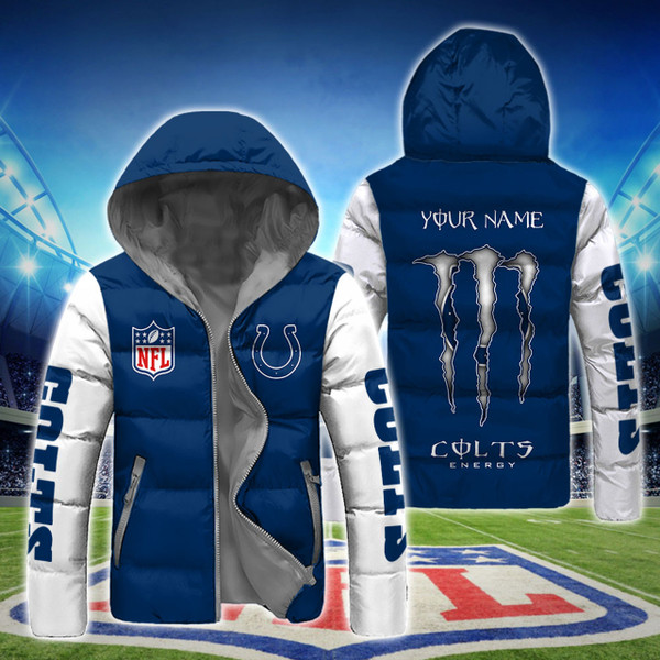 **(N.F.L.INDIANAPOLIS-COLTS-TEAM-HOODED-SPORT-DOWN-JACKETS/ADD-YOUR-PERSONALIZED-NAME-OR-SPECIAL-CUSTOM-TEXT-ON-BACK/OFFICIAL-COLTS-TEAM-LOGOS & OFFICIAL-CLASSIC-COLTS-TEAM-COLORS/WARM-PREMIUM-N.F.L.COLTS-TEAM-HOODED-SPORT-JACKETS)**