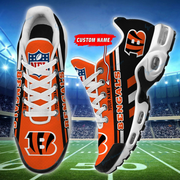 OFFICIAL-NFL.CINCINNATI-BENGALS-TEAM-SPORT-SNEAKERS/ADD YOUR OWN PERSONALIZED NAME OR SPECIAL CUSTOM TEXT ON BOTH SNEAKERS SIDE AREA/OFFICIAL-CUSTOM-GRAPHIC-3D-PRINTED-BENGALS-TEAM-COLORS & TEAM-LOGOS-DESIGN..