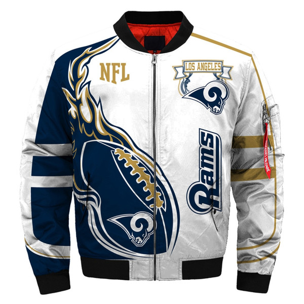 **(N.F.L.LOS-ANGELES-RAMS-TEAM & OFFICIAL-RAMS-TEAM-COLORS & OFFICIAL-CLASSIC-RAMS-LOGOS-BOMBER/FLIGHT-JACKET & NICE-NEW-CUSTOM-3D-GRAPHIC-PRINTED-DOUBLE-SIDED-ALL-OVER-DESIGN/WARM-PREMIUM-N.F.L.RAMS-FLIGHT-JACKETS)**