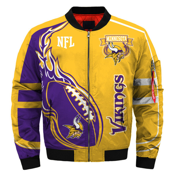 **(N.F.L.MINNESOTA-VIKINGS & OFFICIAL-VIKINGS-TEAM-COLORS & OFFICIAL-CLASSIC-VIKINGS-LOGOS-BOMBER/FLIGHT-JACKET & NICE-NEW-CUSTOM-3D-GRAPHIC-PRINTED-DOUBLE-SIDED-ALL-OVER-DESIGN/WARM-PREMIUM-N.F.L.VIKINGS-FLIGHT-JACKETS)**