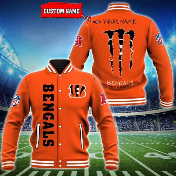 NFL.CINCINNATI BENGALS TEAM PREMIUM VARSITY SPORT JACKETS/ADD YOUR OWN PERSONALIZED NAME OR SPECIAL CUSTOM TEXT ON BACKSIDE/CUSTOM GRAPHIC-3D-PRINTED CINCINNATI BENGALS TEAM LOGOS ALL OVER DESIGN/ALL IN TWO TONE OFFICIAL BENGALS TEAM COLORS..
