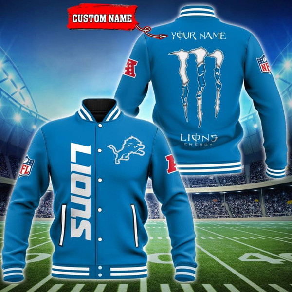 NFL.DETRIOT LIONS TEAM PREMIUM VARSITY SPORT JACKETS/ADD YOUR OWN PERSONALIZED NAME OR SPECIAL CUSTOM TEXT ON BACKSIDE/CUSTOM GRAPHIC-3D-PRINTED DETRIOT LIONS TEAM LOGOS ALL OVER DESIGN/ALL IN TWO TONE OFFICIAL LIONS TEAM COLORS..