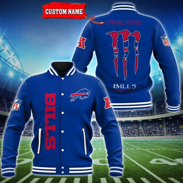 NFL.BUFFALO-BILLS TEAM PREMIUM VARSITY SPORT JACKETS/ADD YOUR OWN PERSONALIZED NAME OR SPECIAL CUSTOM TEXT ON BACKSIDE/CUSTOM GRAPHIC-3D-PRINTED BUFFALO-BILLS TEAM LOGOS ALL OVER DESIGN/CUSTOM TWO TONE OFFICIAL BILLS TEAM COLORS..