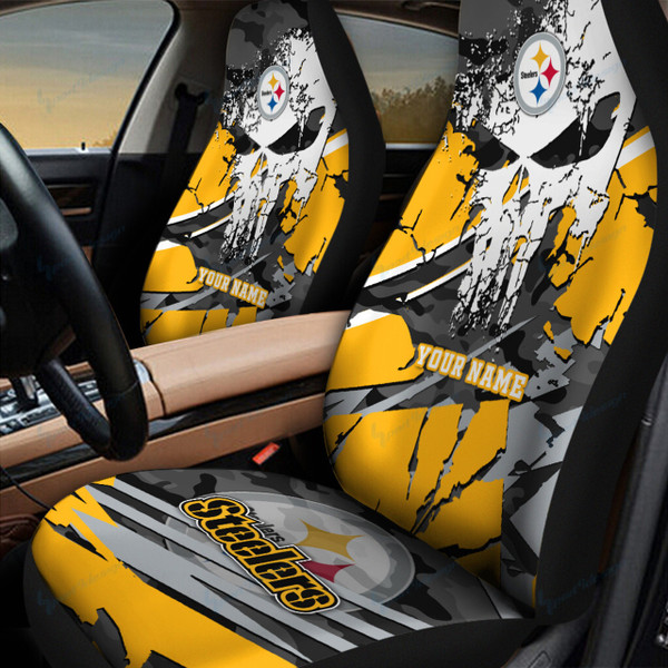 NFL.PITTSBURGH-STEELERS-TEAM-CLASSIC-LOGOS-CAR-SEAT-PREMIUM-COVERS/ADD-YOUR-OWN-CUSTOM-PERSONALIZED-NAME-OR-CUSTOM-TEXT-ON BOTH-SEAT-COVERS/BIG-CUSTOM-GRAPHIC-3D-PRINTED-NFL.STEELERS-TEAM-PUNISHER-SKULL-DESIGN-DOUBLE-CAR-SEAT-COVERS...