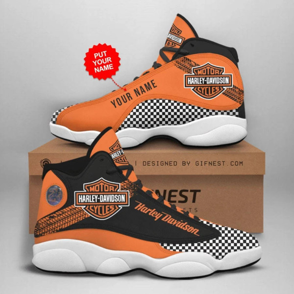 **(HARLEY-DAVIDSON-BIKER-SPORT-RIDING-HIGH-TOP-SNEAKERS/ADD-YOUR-OWN-PERSONALIZED-NAME-OR-SPECIAL-CUSTOM-TEXT-TO-EACH-SNEAKER/OFFICIAL-CUSTOM-HARLEY-LOGOS & OFFICIAL-HARLEY-BLACK & ORANGE-COLORS/TRENDY-PREMIUM-HARLEY-BIKERS-SPORT-HIGH-TOP-SNEAKERS)**