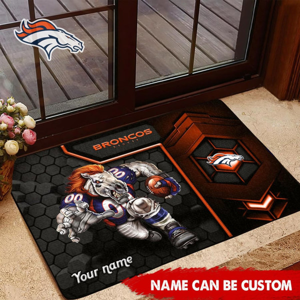 NFL.DENVER BRONCOS TEAM LOGOS STANDARD SIZE DOOR MAT/NICE CUSTOM GRAPHIC-3D-PRINTED TEAM LOGOS/FOR ANY INDOOR OR OUTDOOR USE/ADD YOUR OWN CUSTOM PERSONIALIZED NAME OR TEXT IN BOTTOM LEFT HAND DOOR MAT CORNER AREA..