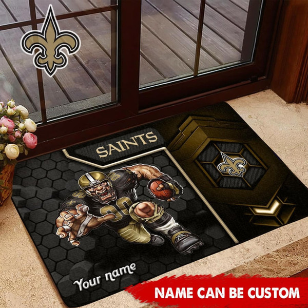 NFL.NEW ORLEANS SAINTS TEAM LOGOS STANDARD SIZE DOOR MAT/NICE CUSTOM GRAPHIC-3D-PRINTED TEAM LOGOS/FOR ANY INDOOR OR OUTDOOR USE/ADD YOUR OWN CUSTOM PERSONIALIZED NAME OR TEXT IN BOTTOM LEFT HAND DOOR MAT CORNER AREA..