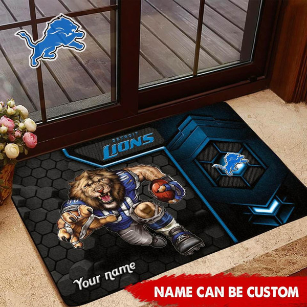 NFL.DETRIOT LIONS TEAM LOGOS STANDARD SIZE DOOR MAT/NICE CUSTOM GRAPHIC-3D-PRINTED TEAM LOGOS/FOR ANY INDOOR OR OUTDOOR USE/ADD YOUR OWN CUSTOM PERSONIALIZED NAME OR TEXT IN BOTTOM LEFT HAND DOOR MAT CORNER AREA..