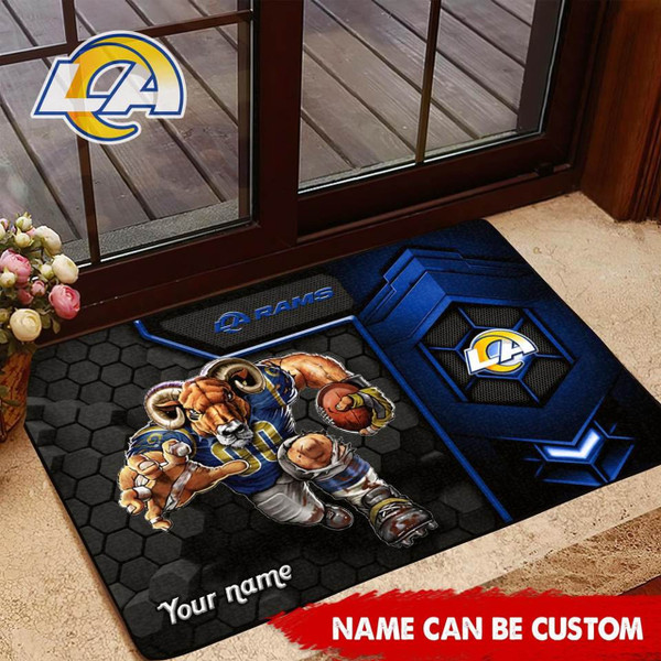 NFL.LOS ANGELES RAMS TEAM LOGOS STANDARD SIZE DOOR MAT/NICE CUSTOM GRAPHIC-3D-PRINTED TEAM LOGOS/FOR ANY INDOOR OR OUTDOOR USE/ADD YOUR OWN CUSTOM PERSONIALIZED NAME OR TEXT IN BOTTOM LEFT HAND DOOR MAT CORNER AREA.