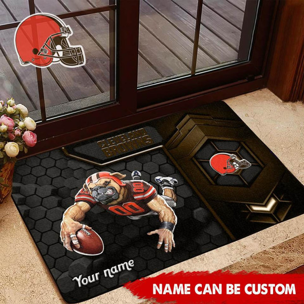 NFL.CLEVELAND BROWNS TEAM LOGOS STANDARD SIZE DOOR MAT/NICE CUSTOM GRAPHIC-3D-PRINTED TEAM LOGOS/FOR ANY INDOOR OR OUTDOOR USE/ADD YOUR OWN CUSTOM PERSONIALIZED NAME OR TEXT IN BOTTOM LEFT HAND DOOR MAT CORNER AREA..