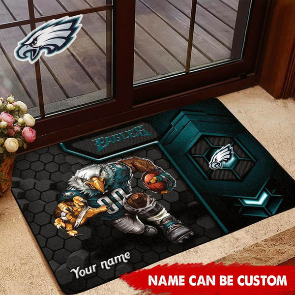 NFL.PHILADELPHIA EAGLES TEAM LOGOS STANDARD SIZE DOOR MAT/NICE CUSTOM GRAPHIC-3D-PRINTED TEAM LOGOS/FOR ANY INDOOR OR OUTDOOR USE/ADD YOUR OWN CUSTOM PERSONIALIZED NAME OR TEXT IN BOTTOM LEFT HAND DOOR MAT CORNER AREA..