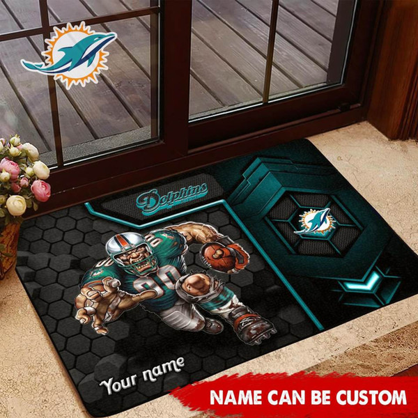 NFL.MIAMI DOLPHINS TEAM LOGOS STANDARD SIZE DOOR MAT/NICE CUSTOM GRAPHIC-3D-PRINTED TEAM LOGOS/FOR ANY INDOOR OR OUTDOOR USE/ADD YOUR OWN CUSTOM PERSONIALIZED NAME OR TEXT IN BOTTOM LEFT HAND DOOR MAT CORNER AREA..