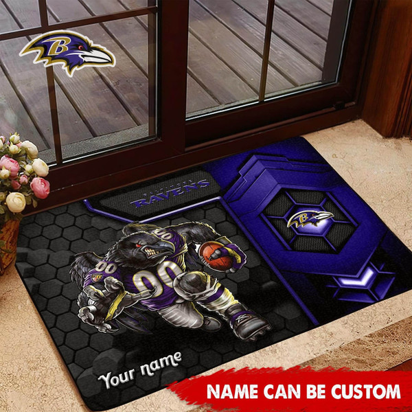 NFL.BALTIMORE RAVENS TEAM LOGOS STANDARD SIZE DOOR MAT/NICE CUSTOM GRAPHIC-3D-PRINTED TEAM LOGOS/FOR ANY INDOOR OR OUTDOOR USE/ADD YOUR OWN CUSTOM PERSONIALIZED NAME OR TEXT IN BOTTOM LEFT HAND DOOR MAT CORNER AREA..