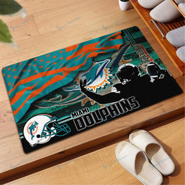 NFL.MIAMI DOLPHINS TEAM LOGOS STANDARD SIZE DOOR MAT/VERY NICE CUSTOM GRAPHIC-3D-PRINTED TEAM LOGOS/FOR ANY INDOOR OR OUTDOOR USE/ADD YOUR OWN CUSTOM PERSONIALIZED NAME OR TEXT IN BOTTOM LEFT HAND DOOR MAT CORNER AREA..