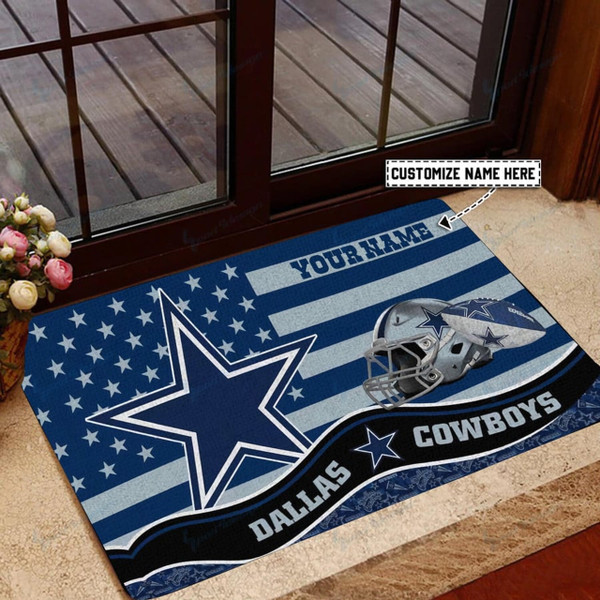 NFL.DALLAS COWBOYS TEAM LOGOS STANDARD SIZE DOOR MAT/NICE CUSTOM GRAPHIC-3D-PRINTED TEAM LOGOS/FOR ANY INDOOR OR OUTDOOR USE/ADD YOUR OWN CUSTOM PERSONIALIZED NAME OR SPECIAL TEXT IN BOTTOM LEFT HAND DOOR MAT CORNER AREA..