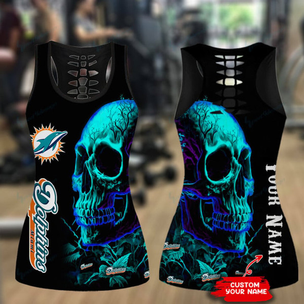 NFL.Miami Dolphins Team/High Waist Push Up Custom Graphic-3D-Printed Premium Womens Dolphins Team Leggings & Dolphins Team Custom Tank Top/Matching-Combo-Sets/Add Your Own Name Or Special Custom Text Down Tank Tops Left Side As Shown...