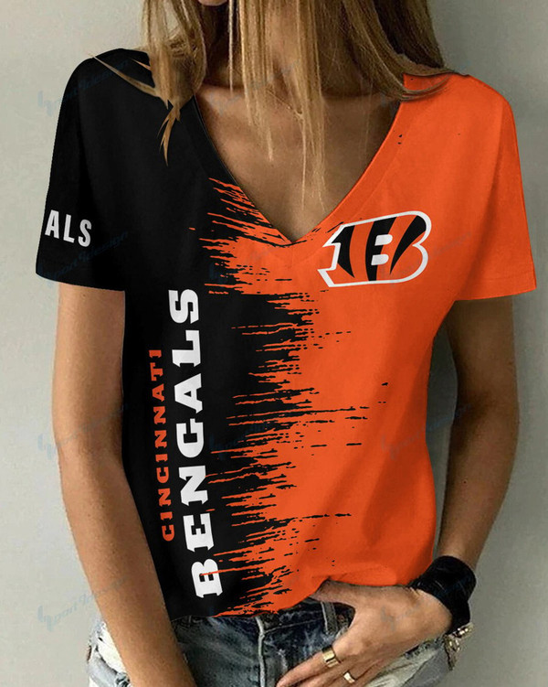 **(Official-NFL.Cincinnati Bengals Team Limited Edition Fashion Casual Womens V-Neck Tee-Shirts/All Over Double Sided Custom Graphic-3D-Printed Official Bengals Team Logos & Official Bengals Team Colors Design Game/Day Trendy Womens Tees)**