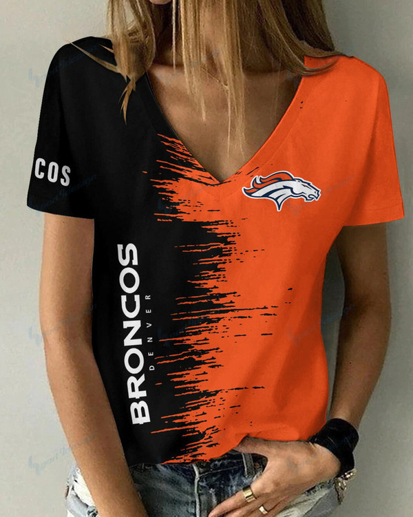 **(Official-NFL.Denver Broncos Team Limited Edition Fashion Casual Womens V-Neck Tee-Shirts/All Over Double Sided Custom Graphic-3D-Printed Official Broncos Team Logos & Official Broncos Team Colors Design Game/Day Trendy Womens Tees)**