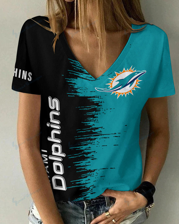 **(Official-NFL.Miami Dolphins Team Limited Edition Fashion Casual Womens V-Neck Tee-Shirts/All Over Double Sided Custom Graphic-3D-Printed Official Dolphins Team Logos & Official Dolphins Team Colors Design Game/Day Trendy Womens Tees)**