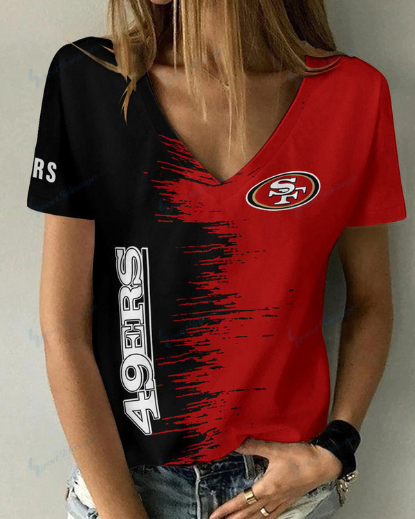 **(Official-NFL.San Francisco 49ers Team Limited Edition Fashion Casual Womens V-Neck Tee-Shirts/All Over Double Sided Custom Graphic-3D-Printed Official 49ers Team Logos & Official 49ers Team Colors Design Game/Day Trendy Womens Tees)**
