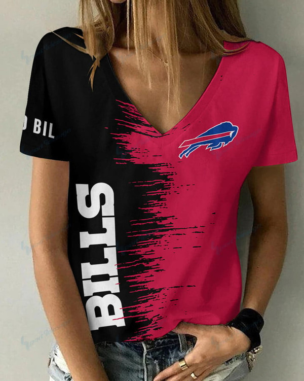 **(Official-NFL.Buffalo Bills Team Limited Edition Fashion Casual Womens Pink V-Neck Tee-Shirts/All Over Double Sided Custom Graphic-3D-Printed Official Bills Team Logos & Official Bills Team Colors Design Game/Day Trendy Pink Womens Tees)**