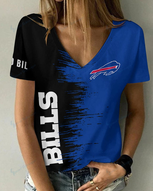 **(Official-NFL.Buffalo Bills Team Limited Edition Fashion Casual Womens V-Neck Tee-Shirts/All Over Double Sided Custom Graphic-3D-Printed Official Bills Team Logos & Official Bills Team Colors Design Game/Day Trendy Womens Tees)**